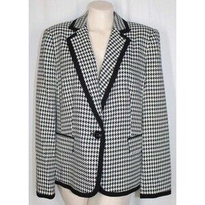 Kasper 16 L Black White Houndstooth Check Black Trim Pockets Blazer